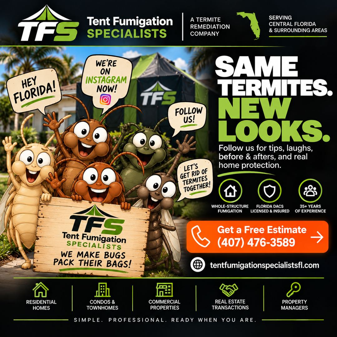 TFS cartoon pest characters: five smiling cartoon termites and roaches in front of a green TFS fumigation tent, holding a sign that says We Make Bugs Pack Their Bags